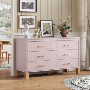 English Elm 6-drawer Double Dresser Solid Wood Legs Mid-century Modern Bedroom Storage Cabinet Pink W1445S00009