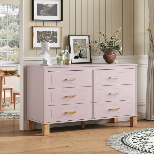 English Elm 6-drawer Double Dresser Solid Wood Legs Mid-century Modern Bedroom Storage Cabinet Pink W1445S00009