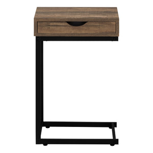 English Elm Accent C-Shaped End Table with Slide-Under Base, Reclaimed Brown Laminate Top & Drawer Storage, Black Metal Frame for Sofa Side Convenience and Modern Living Room Use B2710P219357