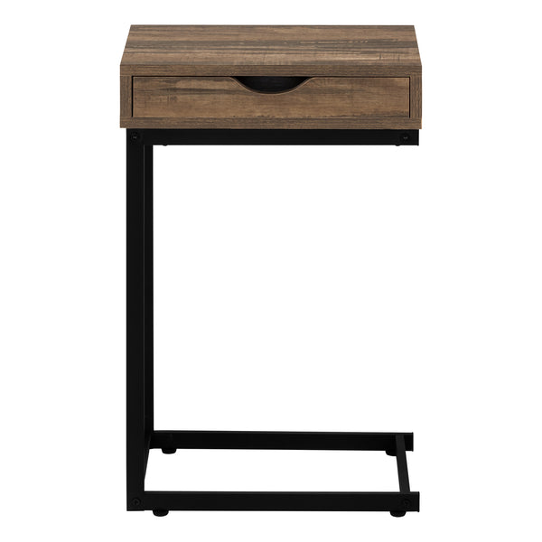 English Elm Accent C-Shaped End Table with Slide-Under Base, Reclaimed Brown Laminate Top & Drawer Storage, Black Metal Frame for Sofa Side Convenience and Modern Living Room Use B2710P219357