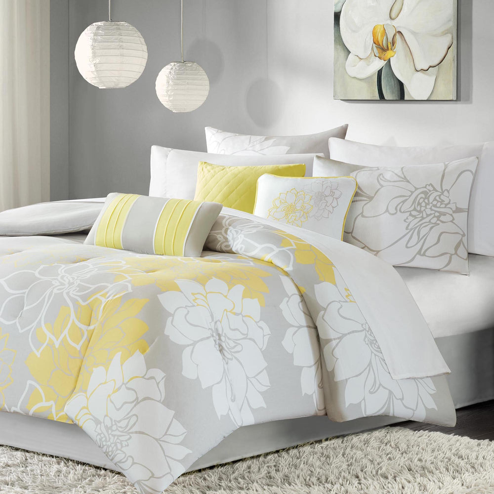 English Elm Printed Cotton Sateen Comforter Set with Floral Print, Embroidered Decorative Pillows & Bedskirt Yellow+Grey 23.62 L x 18.9 W x 13.39 H B03596815