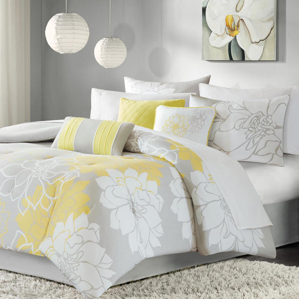 English Elm Printed Cotton Sateen Comforter Set with Floral Print, Embroidered Decorative Pillows & Bedskirt Yellow+Grey 23.62 L x 18.9 W x 13.39 H B03596815