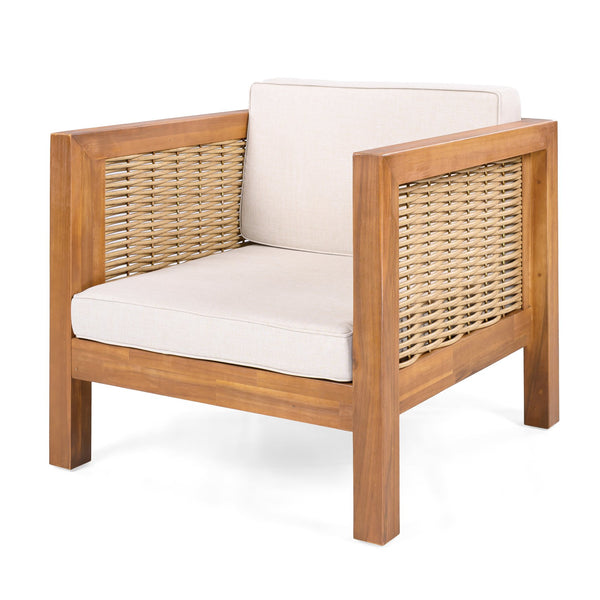English Elm Acacia Wood Outdoor Lounge Chair with Wicker Arms Teak Finish Patio Seating N779P359686B