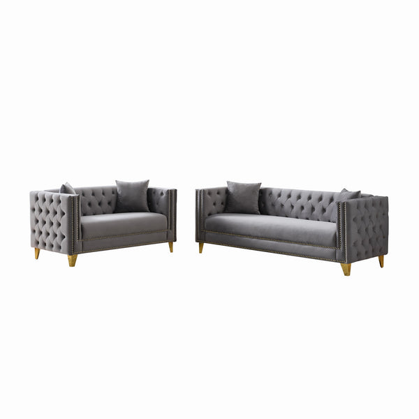 English Elm Chesterfield Velvet Sofa Set – Luxurious 3+2 Seater, Deep Seat Design With Nailhead Trim For Comfort W3373S00031