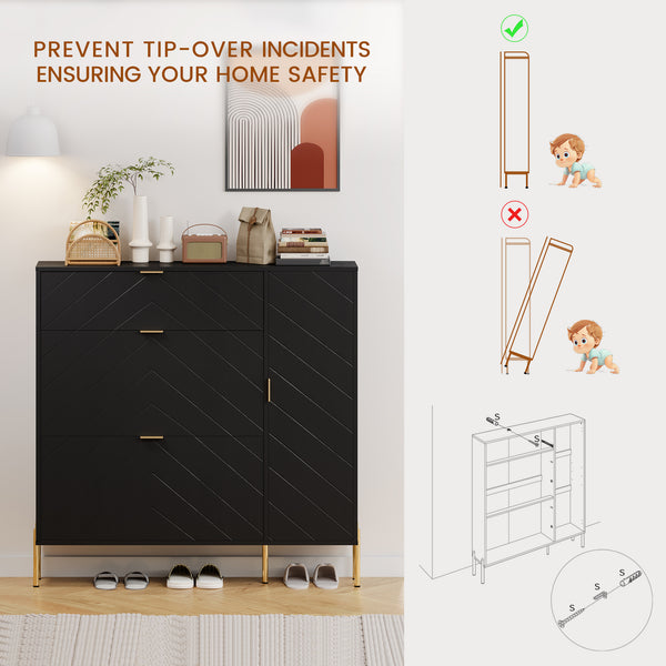 English Elm Mdf Herringbone Shoe Cabinet Gold Hardware Entryway Organizer Holds 16 Pairs Black T3609P482836