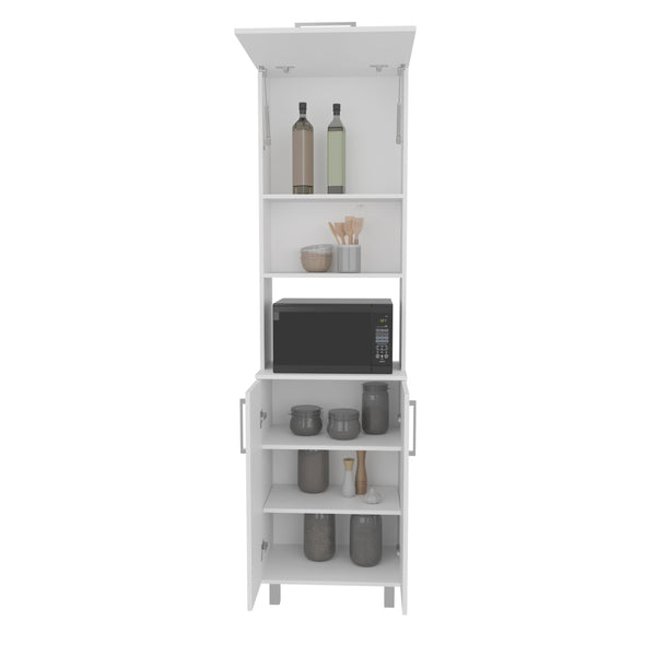 English Elm Bombona 80" High Double Cabinet Pantry with Six Shelves, Top Hutch Gas Spring Door, White MDF - Stylish Storage Solution B200S00414