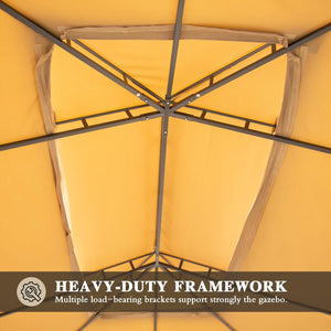 English Elm 10'x13' Outdoor Gazebo Steel Frame Double Roof Patio Shelter with Netting and Curtains Brown W1859P425842