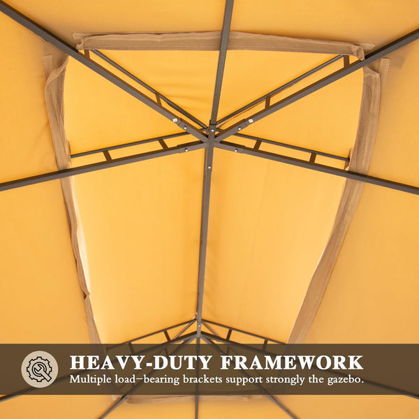 English Elm 10'x13' Outdoor Gazebo Steel Frame Double Roof Patio Shelter with Netting and Curtains Brown W1859P425842