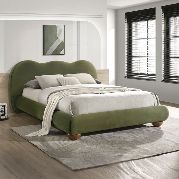 English Elm Brown Boucle Eastern King Bed Camel Back Headboard Round Bun Feet Upholstered Frame Olive Green B2741S00831