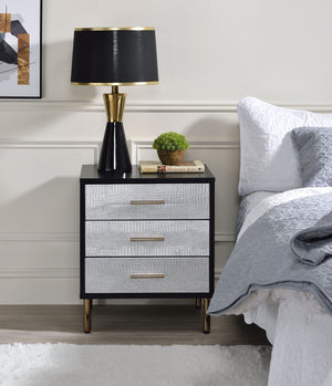 English Elm Myles Black, Silver & Gold Finish Nightstand with 3 Patterned Drawers, Metal Legs, Smooth Glide Mechanism B2726P265148