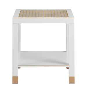 English Elm Glass Two Tier Square Side Table with Gold Mesh Tempered Top and Black Metal Frame White+Gold W3587P456323