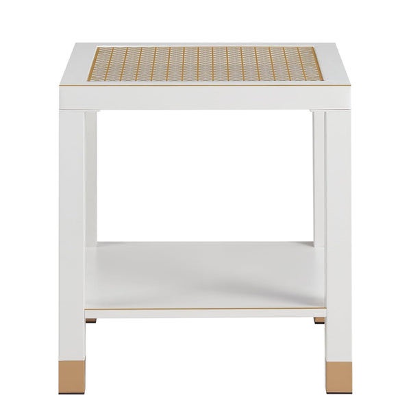 English Elm Glass Two Tier Square Side Table with Gold Mesh Tempered Top and Black Metal Frame White+Gold W3587P456323