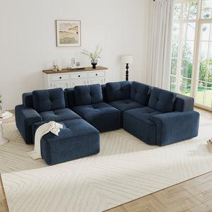 English Elm Modern Corduroy Sectional Sofa Deep Seat V Shape Tufted Couch with Movable Ottoman Blue W714S01579