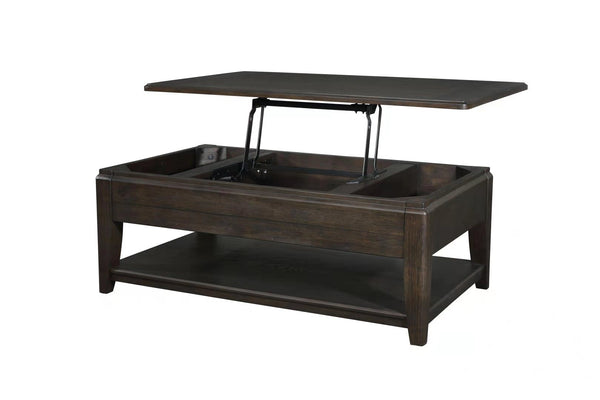 English Elm Cocktail Mahogany Lift-Top Table with Casters, Hidden Storage & Lower Shelf—Elm Veneer Solid Wood B2699P373658