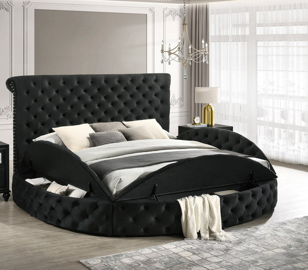 English Elm 1pc Round Plush Velvet Button-Tufted Queen Bed with Studded Headboard and Hidden Storage Luxury Black 54.75 L x 95.25 W x 8.25 H B2741S00042