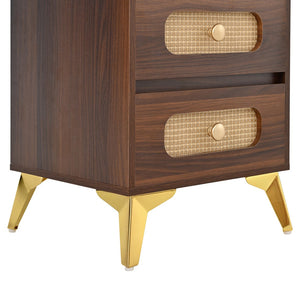 English Elm 47''Vintage Elegant Makeup Vanity with Lights and Mirror, 5-Drawer Rattan Design, Solid Wood Craftsmanship Dark Walnut 46 L x 27 W x 8 H N733P337468D