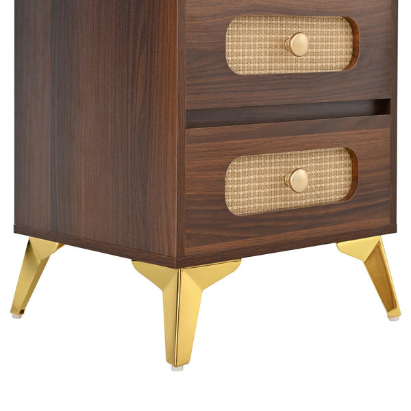 English Elm 47''Vintage Elegant Makeup Vanity with Lights and Mirror, 5-Drawer Rattan Design, Solid Wood Craftsmanship Dark Walnut 46 L x 27 W x 8 H N733P337468D