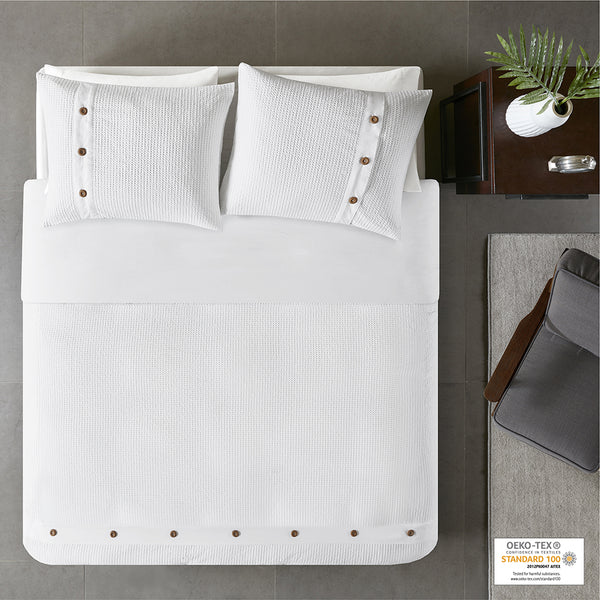 JLA Home Madison Park - 3 Cotton Waffle Weave Duvet Set with Wood Button Closure, OEKO‑TEX, Breathable 100% Cotton, Easy Care MP12-5626