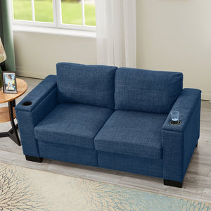 English Elm 67.7" Modern Loveseat Sofa with Cup Holders and Hidden Storage, Polyester Upholstery, Solid Wood Frame Blue W1097S00194