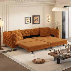 English Elm 97.6" Oversized Velvet Chesterfield Sleeper Sofa Floral Tufted Roll Arm Living Room Couch Orange W1885S00299