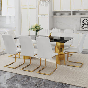 English Elm Table And 8 Chairs Set - Elegant Glass Top With Imitation Marble & Gold Stainless Steel Legs W1151S04327-GIGA