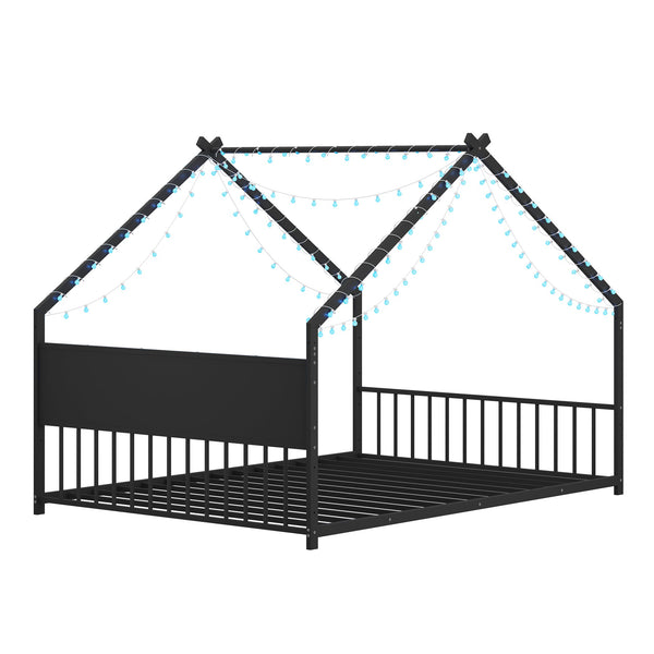 English Elm Twin House Bed Frame with Led Lights Iron Slats Low Profile Kids Bedroom W1820P234582