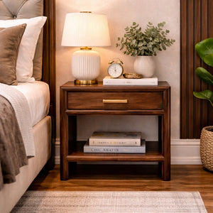 English Elm Solid Mango Wood Two Drawer Nightstand Warm Walnut Tone Modern Bedroom Storage B182P479768