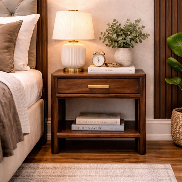 English Elm Solid Mango Wood Two Drawer Nightstand Warm Walnut Tone Modern Bedroom Storage B182P479768