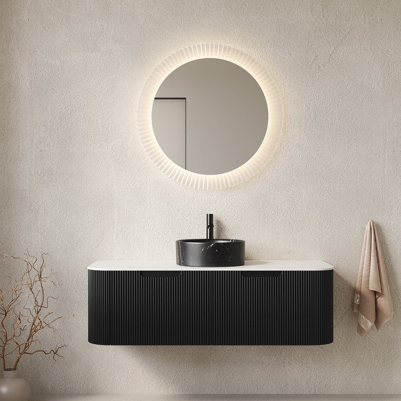 English Elm Dina Floating Bathroom Vanity with Crystal Glass Basin and Sintered Stone Top Black,Carrara White W2615S00706