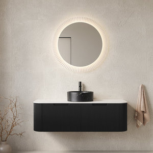 English Elm Dina Floating Bathroom Vanity with Crystal Glass Basin and Sintered Stone Top Black,Carrara White W2615S00706