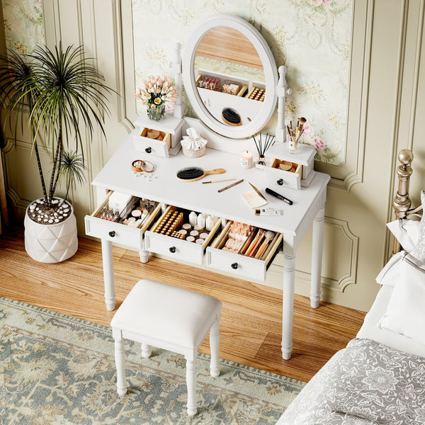 English Elm Vanity Vintage Wooden Makeup Desk with 180° Adjustable Mirror, 5 Velvet‑Lined Drawers & Cushioned Stool White 52.7 L x 22.5 W x 11 H N733P305139K