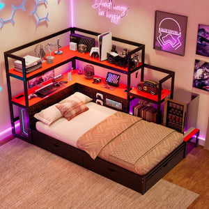 English Elm Twin Gaming Daybed with Led Strips Desk Pegboard Bookcase and Three Storage Drawers Black+Red N820S00083J