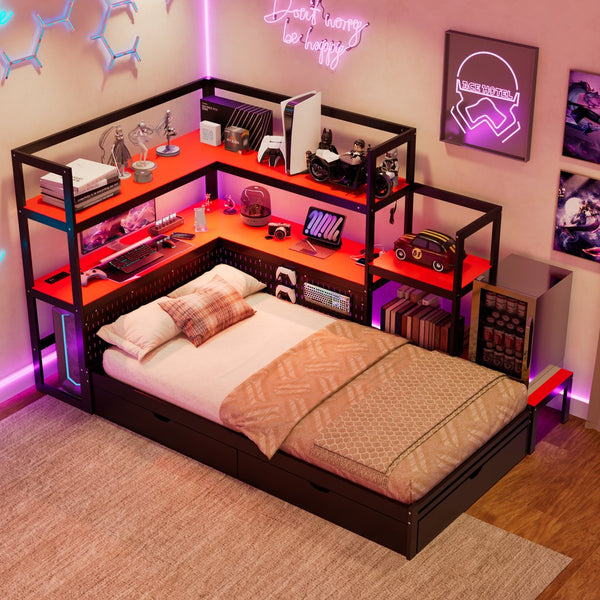 English Elm Twin Gaming Daybed with Led Strips Desk Pegboard Bookcase and Three Storage Drawers Black+Red N820S00083J