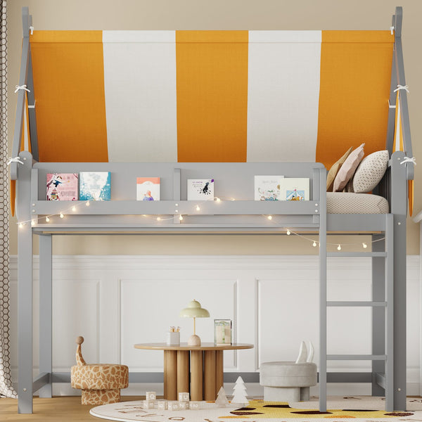 English Elm Full Size Solid Wood Loft Bed with Canopy Led Lighting and Integrated Bookshelf Gray N7090002242E