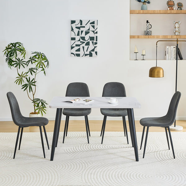 English Elm Table and Chair Set Marble Glass Top with Charcoal Linen Seats for Modern Dining W1151S04665