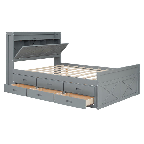 English Elm Full Full Size Wooden Bed with Storage Headboard, Built-In Outlets, Trundle & 3 Drawers for Space-Saving Bedrooms Gray 80.51 L x 17.12 W x 4.57 H N733S172712E