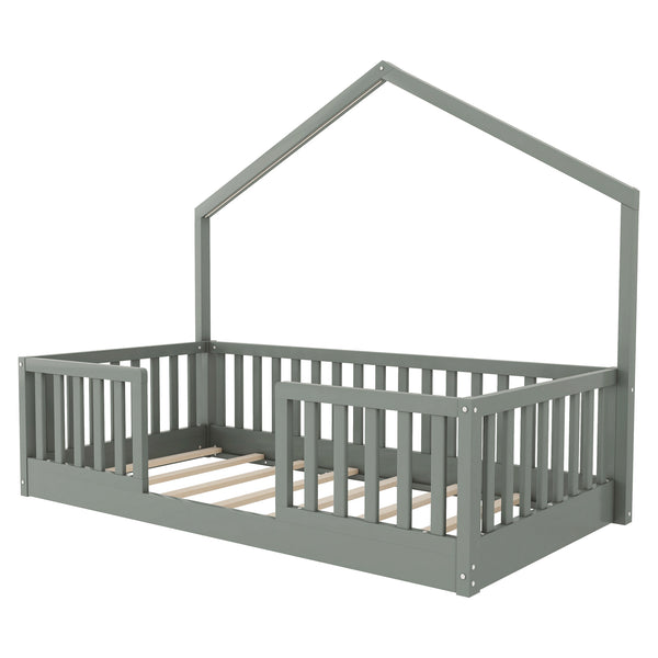 English Elm Twin Montessori Floor Bed House Frame with Led Lighting and Safety Rails for Kids Grey W2593P440597