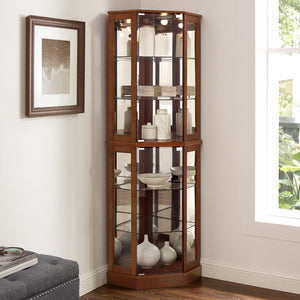 English Elm 6 Shelf Corner Curio Cabinet with Interior Lighting, Mirrored Back, Glass Shelves for Displays Walnut W1693P165021