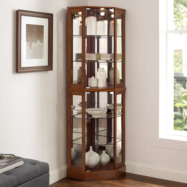 English Elm 6 Shelf Corner Curio Cabinet with Interior Lighting, Mirrored Back, Glass Shelves for Displays Walnut W1693P165021