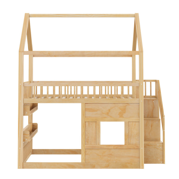 English Elm Full Size Solid Wood House Bed with Led Shelf Lighting for Kids Bedroom Natural N7500005026N