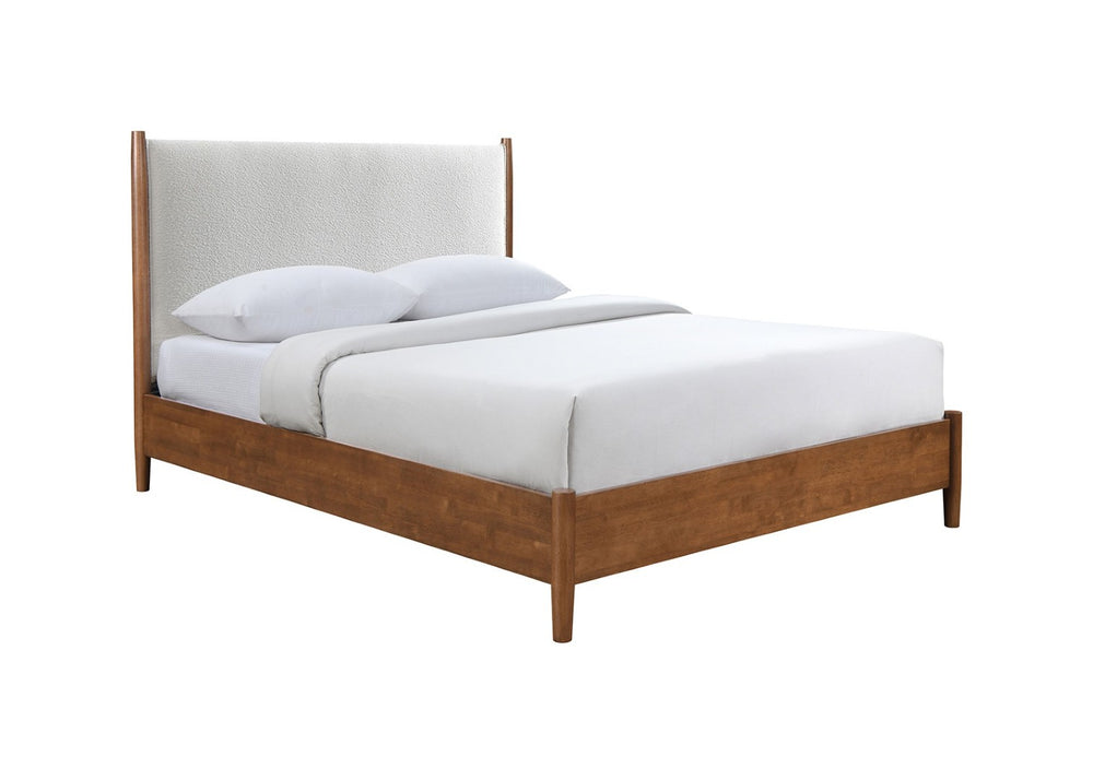 English Elm Walnut Queen Size Bed With Beige Upholstered Headboard - Stylish Mid-Century Modern Design & Comfort B2741S00448-GIGA