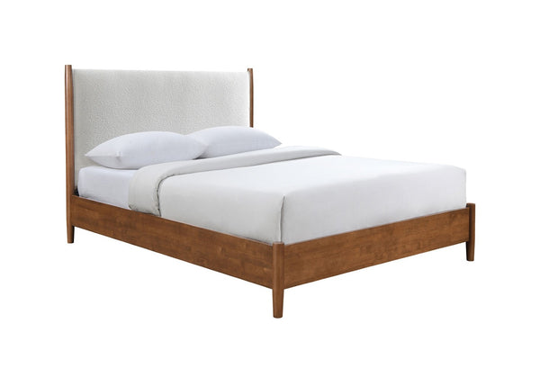English Elm Walnut Queen Size Bed With Beige Upholstered Headboard - Stylish Mid-Century Modern Design & Comfort B2741S00448-GIGA
