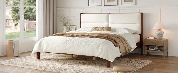 English Elm Solid Wood Queen Platform Bed Velvet Tufted Headboard Architectural Slat Design Espresso N7090000743P