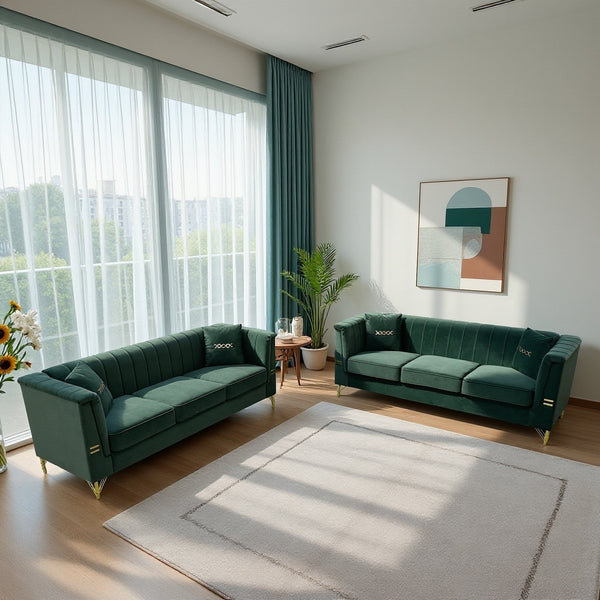 English Elm FX-P82-2PC Velvet Sofa Set of 2, Plush Tufted 3-Seater Sofas with Gold Legs for Stylish Living W576S00242