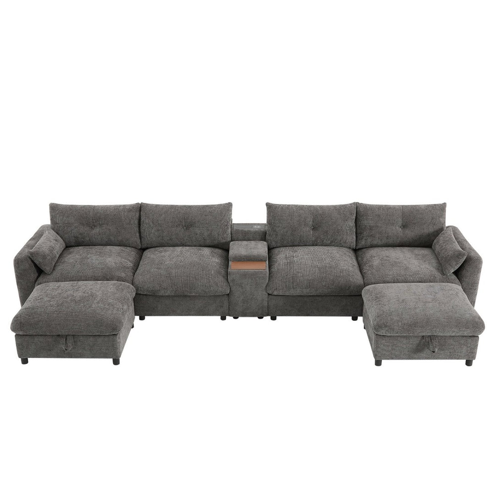 English Elm 142'' Modular Sectional Sofa - 6 Seats, Movable Ottoman, Usb Charging, Chic Chenille Style N723S9777E-GIGA