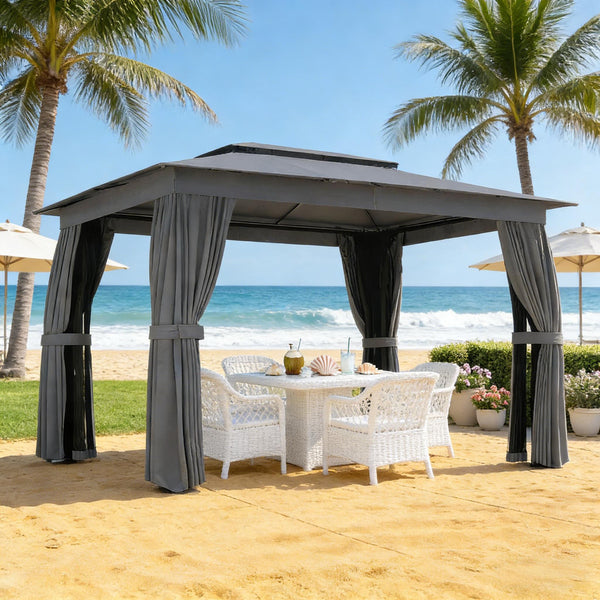 English Elm Double-roof Steel Gazebo with Upf Canopy Curtains and Mesh Panels for Outdoor Privacy Black,Dark Gray T3971P459073
