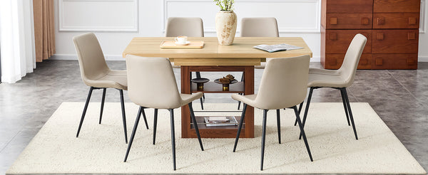 English Elm Expandable Walnut Finish Dining Set with Six Cushioned Pu Chairs for Modern Interiors Black,Walnut,Warm Grey,Wood W1151S04682