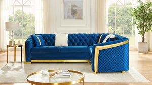 English Elm 106 Inch Velvet Tufted Chesterfield Sectional with Gold Steel Legs for Large Living Rooms Blue W1191S00126