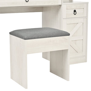 English Elm Farmhouse LED Vanity Desk with Sliding Mirror, Glass Top Storage, Built-In Charging Station & Stool White 37 L x 18.5 W x 13 H N733P340562K