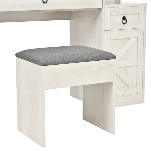 English Elm Farmhouse LED Vanity Desk with Sliding Mirror, Glass Top Storage, Built-In Charging Station & Stool White 37 L x 18.5 W x 13 H N733P340562K